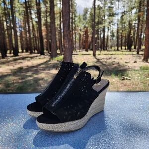 Report Black Wedge Sandals with Tan Sole